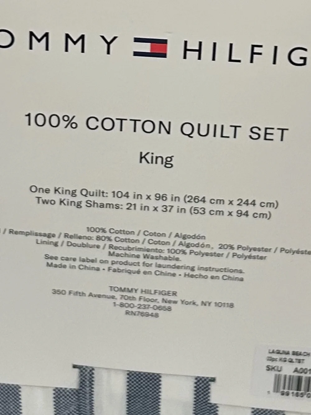 Tommy Hilfiger Blue and White Striped Cotton Quilt Set 104”x96”